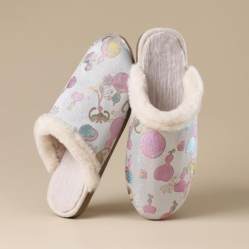 Oriental Silk Brocade Winter Slippers - Handmade Indoor Shoes