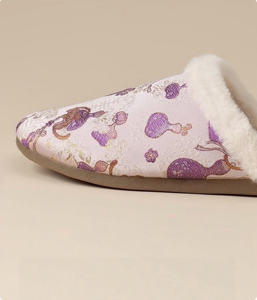 Oriental Silk Brocade Winter Slippers | Handmade Indoor Shoes | Fur & Non-Fur | Cultural Gift for Her
