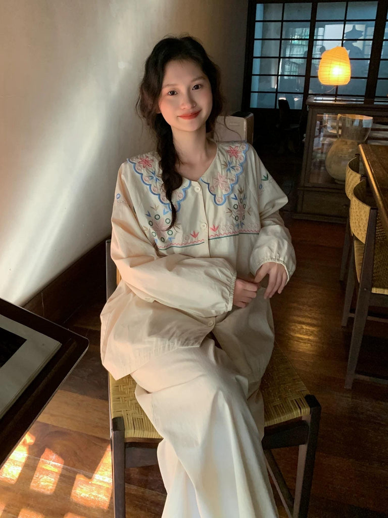 Organic Woven Cotton Loungewear Set | Embroidered Pajama Top & Pants | Soft Breathable Eco Gift for Her