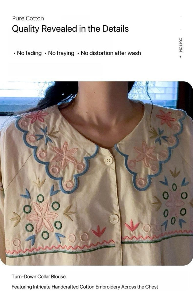 Organic Woven Cotton Loungewear Set | Embroidered Pajama Top & Pants | Soft Breathable Eco Gift for Her