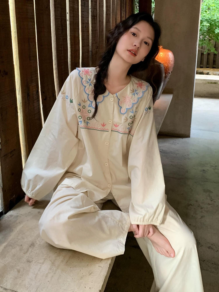 Organic Woven Cotton Loungewear Set | Embroidered Pajama Top & Pants | Soft Breathable Eco Gift for Her