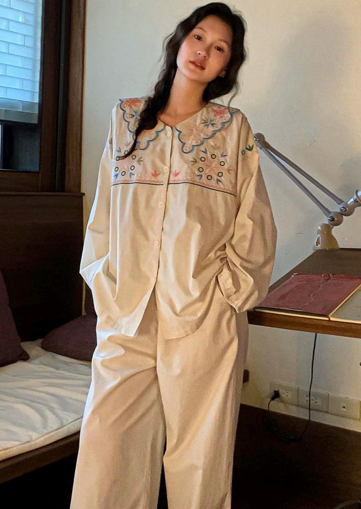 Organic Woven Cotton Loungewear Set | Embroidered Pajama Top & Pants | Soft Breathable Eco Gift for Her