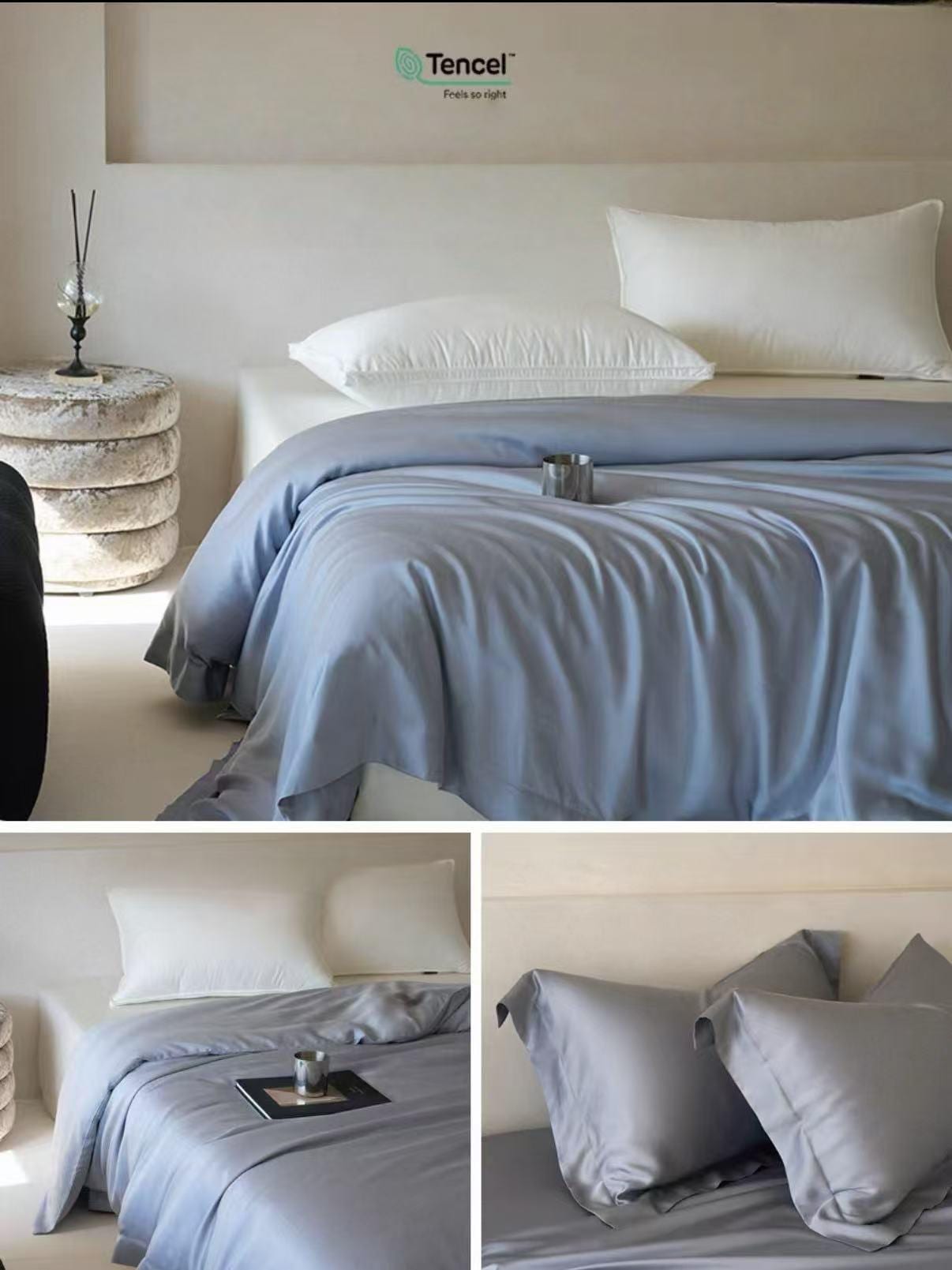TENCEL Lyocell Four PCS Bedding Set: Bed Sheet, Duvet Cover and Two Pillowcases, Eucalyptus Fiber, Cooling Luxury Bedding, Silk Beddings