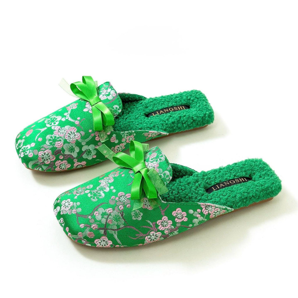 Women Winter Slippers - Japanese Kimono Style Slippers – Embroidered Sakura Oriental Charm