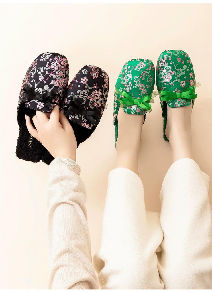 Women Winter Slippers - Japanese Kimono Style Slippers – Embroidered Sakura Oriental Charm