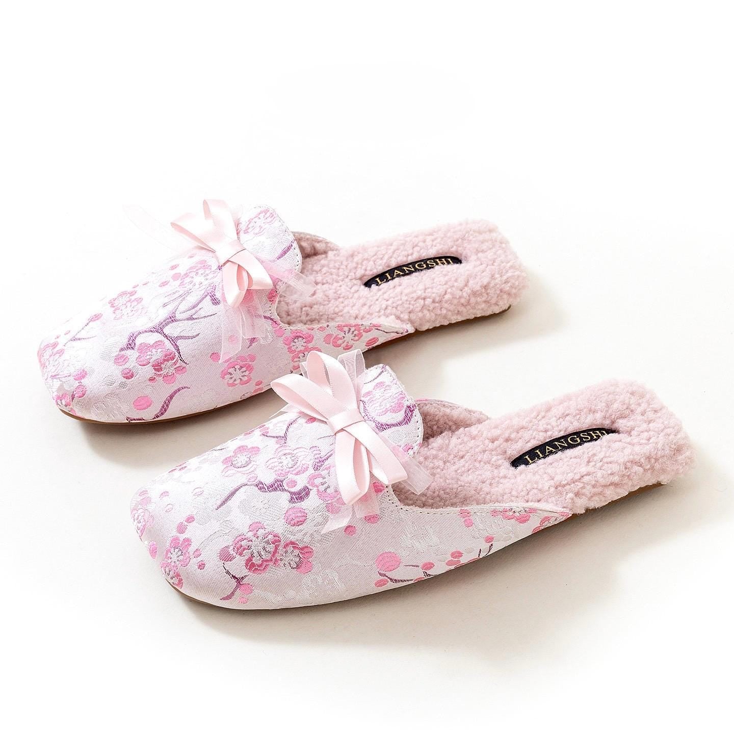 Women Winter Slippers - Japanese Kimono Style Slippers – Embroidered Sakura Oriental Charm