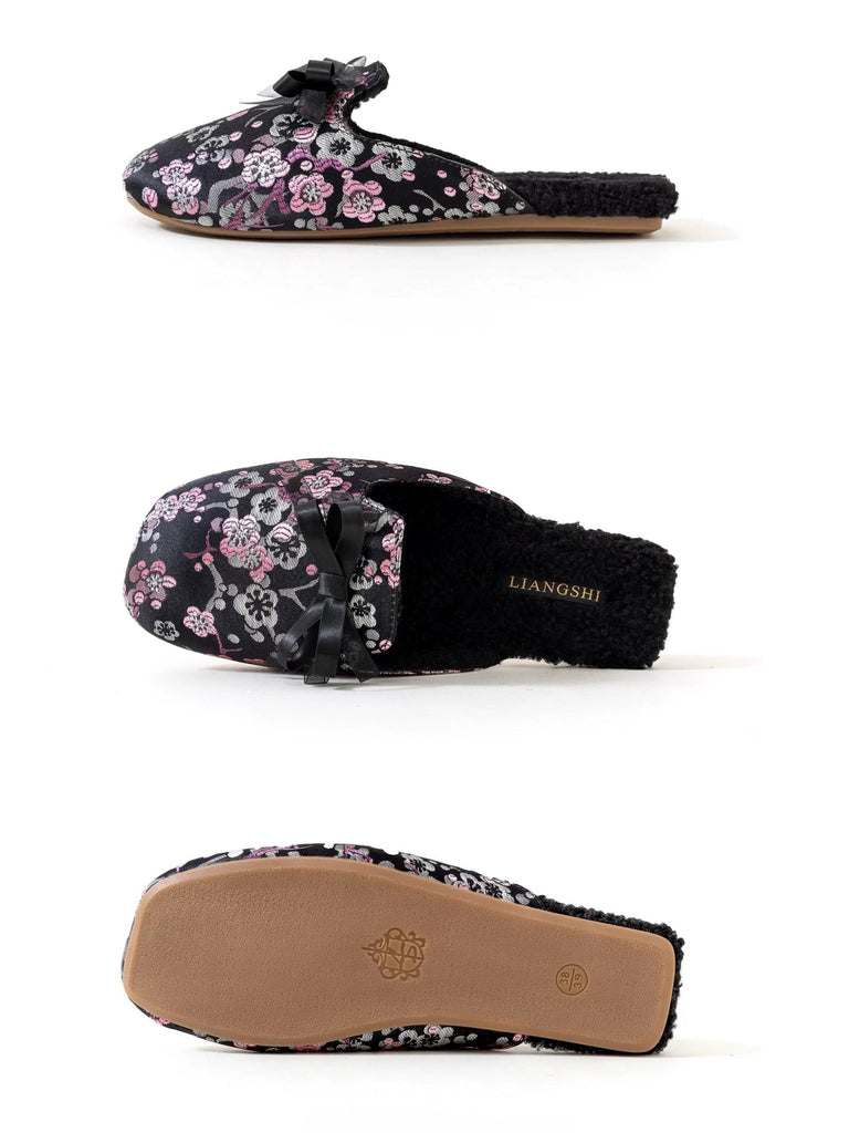 Women Winter Slippers - Japanese Kimono Style Slippers – Embroidered Sakura Oriental Charm