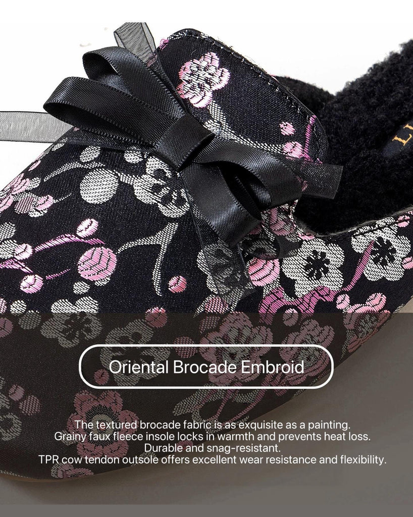 Women Winter Slippers - Japanese Kimono Style Slippers – Embroidered Sakura Oriental Charm