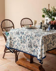 Blue and White Chinoiserie Tablecloth, Chinese Painting Table Cover with Birds & Pagoda Scene, Washable Linen for Holiday Dinner Party Décor