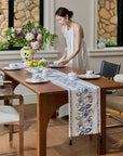 Chinoiserie Table Runner, Silk-Thread Chenille with Canvas Backing, Oriental Floral Dining Linen with Tassels for Christmas Décor Gift