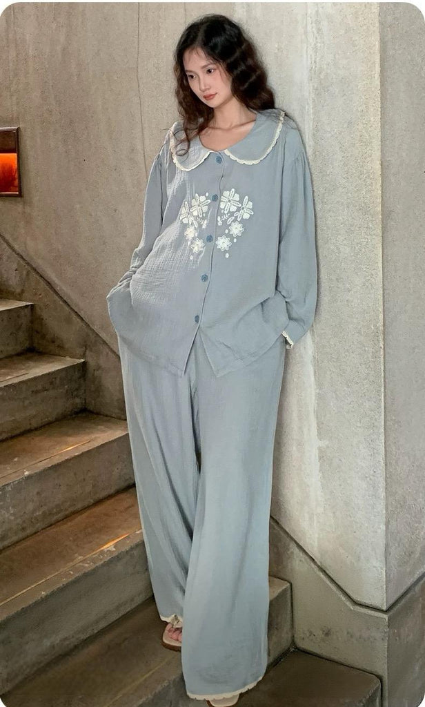 Double Gauze Cotton Pyjamas Set with Embroidered Flowers – Lightweight Breathable Loungewear for Women, All-Season Soft Sleepwear