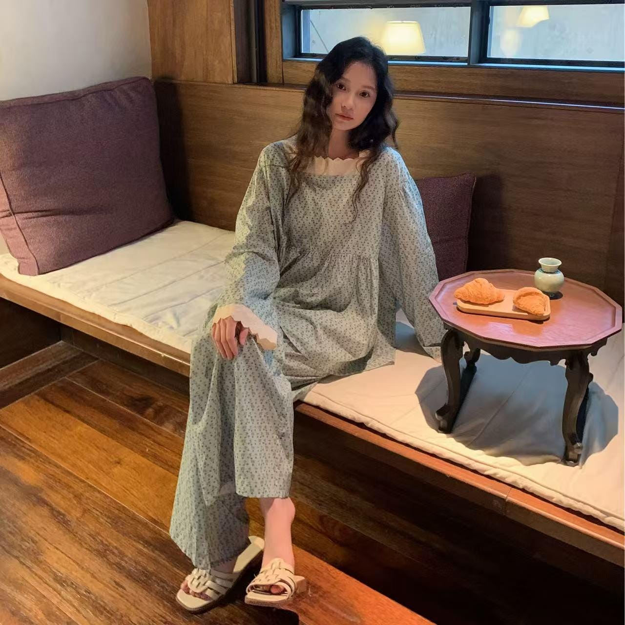 Vintage Floral Bamboo Cotton Loungewear Set – Lace Trim Pyjamas for Women - Japandi-loungewear fusion - Eco-Friendly Sleepwear