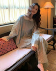 Vintage Floral Bamboo Cotton Loungewear Set – Lace Trim Pyjamas for Women - Japandi-loungewear fusion - Eco-Friendly Sleepwear