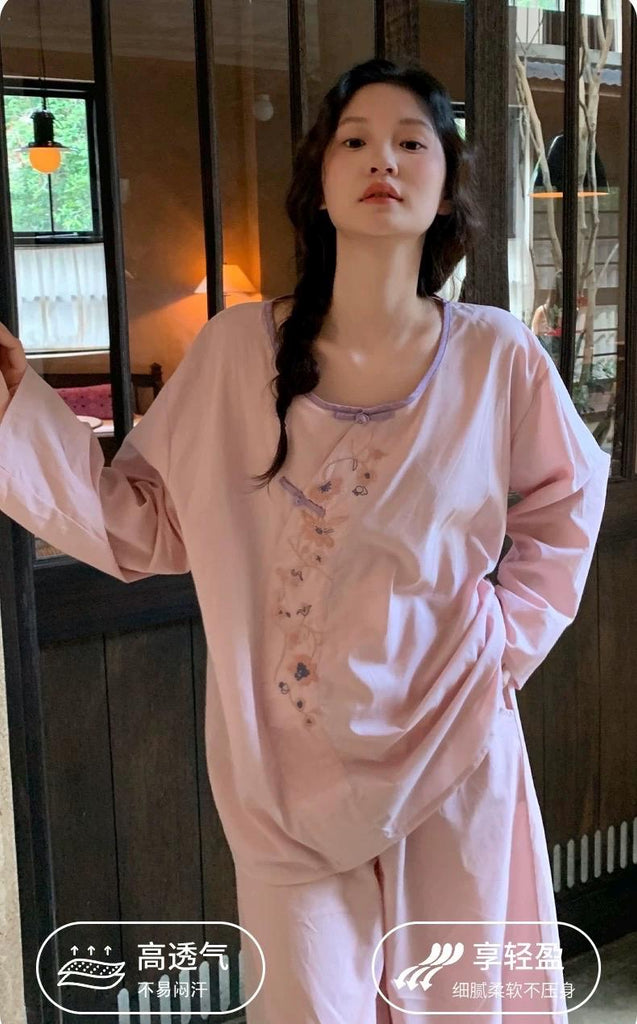 Handmade Bamboo Cotton Pyjama Set with Cheongsam-Inspired Collar and Embroidered Cuffs – Soft Loungewear for Women - Elegant Pyjamas Gift