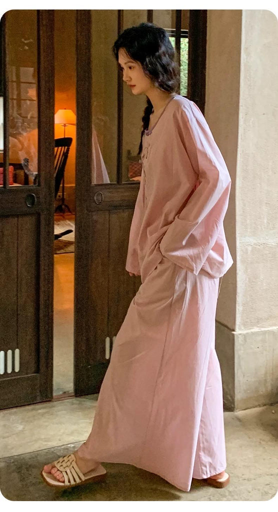 Handmade Bamboo Cotton Pyjama Set with Cheongsam-Inspired Collar and Embroidered Cuffs – Soft Loungewear for Women - Elegant Pyjamas Gift