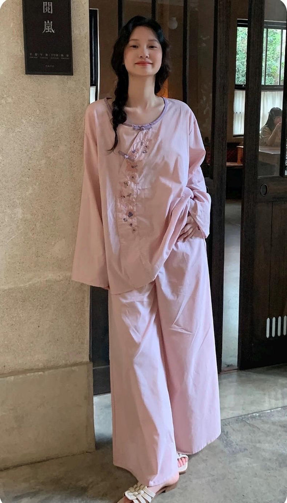 Handmade Bamboo Cotton Pyjama Set with Cheongsam-Inspired Collar and Embroidered Cuffs – Soft Loungewear for Women - Elegant Pyjamas Gift