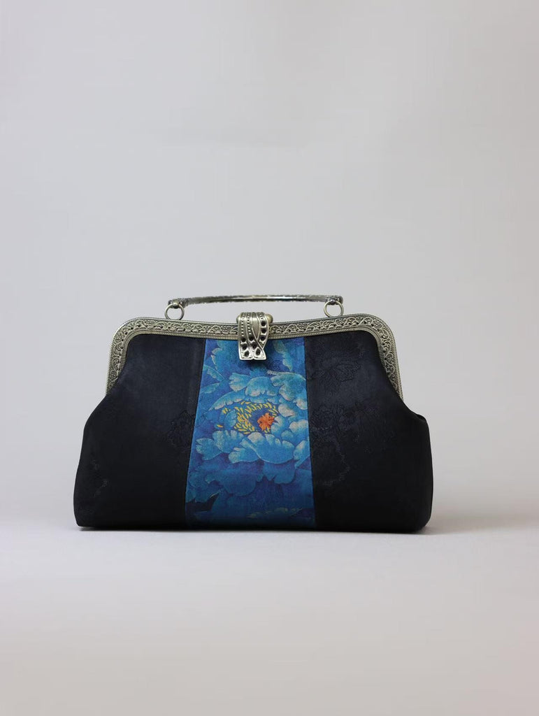 Premium Pure Silk Evening Clutch Bag in Blue and Black|Handmade Oriental Heritage Handbag with Vintage Brass Frame| Shoulder Crossbody Purse