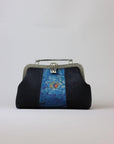 Premium Pure Silk Evening Clutch Bag in Blue and Black|Handmade Oriental Heritage Handbag with Vintage Brass Frame| Shoulder Crossbody Purse