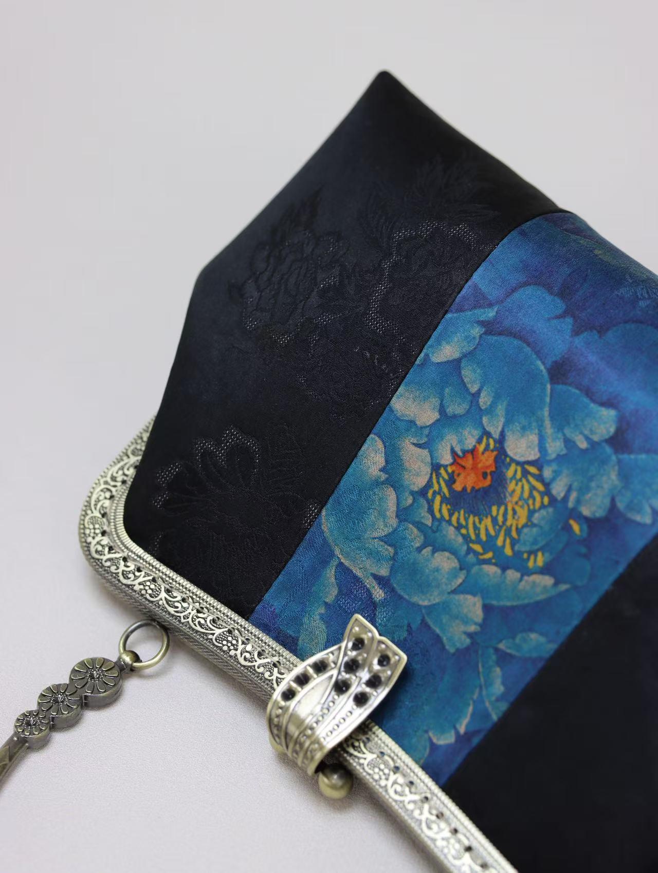 Premium Pure Silk Evening Clutch Bag in Blue and Black|Handmade Oriental Heritage Handbag with Vintage Brass Frame| Shoulder Crossbody Purse