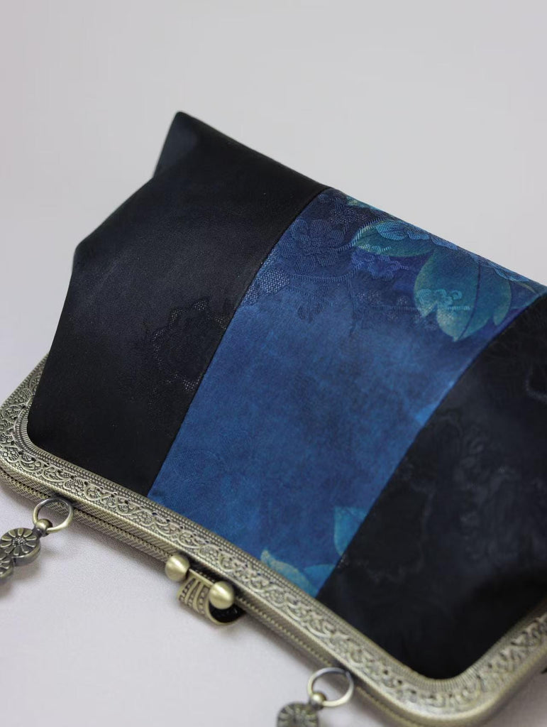 Premium Pure Silk Evening Clutch Bag in Blue and Black|Handmade Oriental Heritage Handbag with Vintage Brass Frame| Shoulder Crossbody Purse