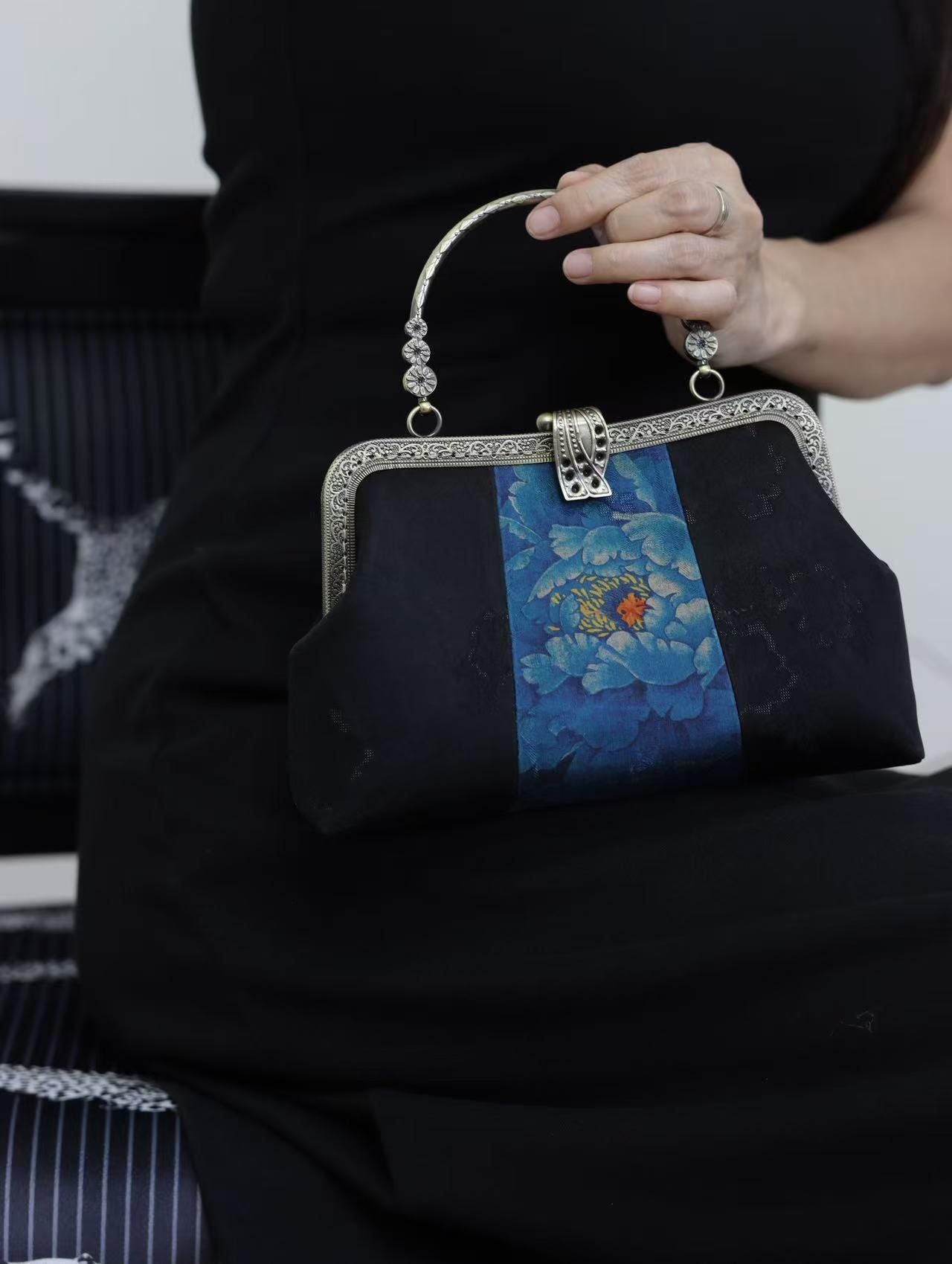 Premium Pure Silk Evening Clutch Bag in Blue and Black|Handmade Oriental Heritage Handbag with Vintage Brass Frame| Shoulder Crossbody Purse