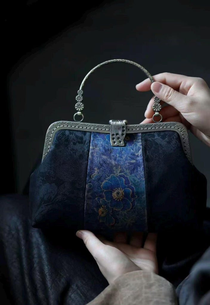 Premium Pure Silk Evening Clutch Bag in Blue and Black|Handmade Oriental Heritage Handbag with Vintage Brass Frame| Shoulder Crossbody Purse