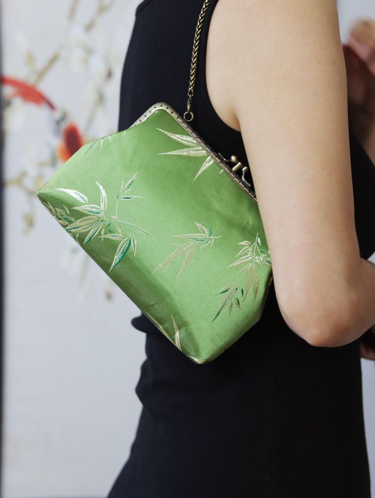 Premium Pure Silk Evening Clutch Bag in Blue and Black|Handmade Oriental Heritage Handbag with Vintage Brass Frame| Shoulder Crossbody Purse