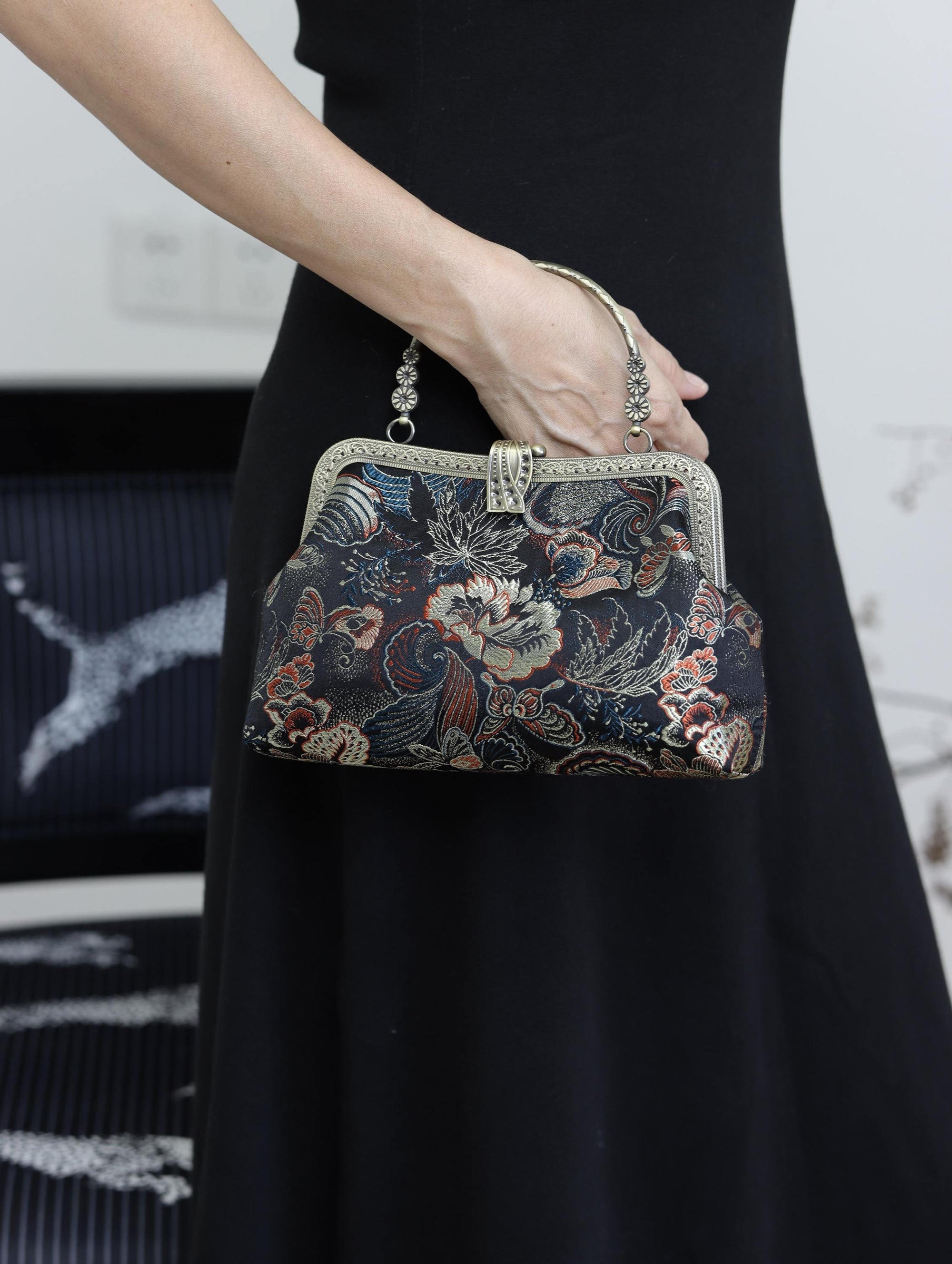 Handmade Song Brocade Silk Handbag “Jinsha Feidie” | Oriental Evening Bag with Vintage Brass Frame | Crossbody Heritage Purse for Women