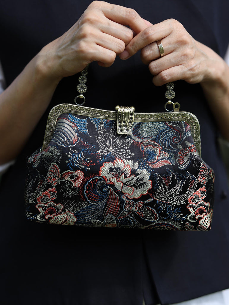 Handmade Song Brocade Silk Handbag “Jinsha Feidie” | Oriental Evening Bag with Vintage Brass Frame | Crossbody Heritage Purse for Women