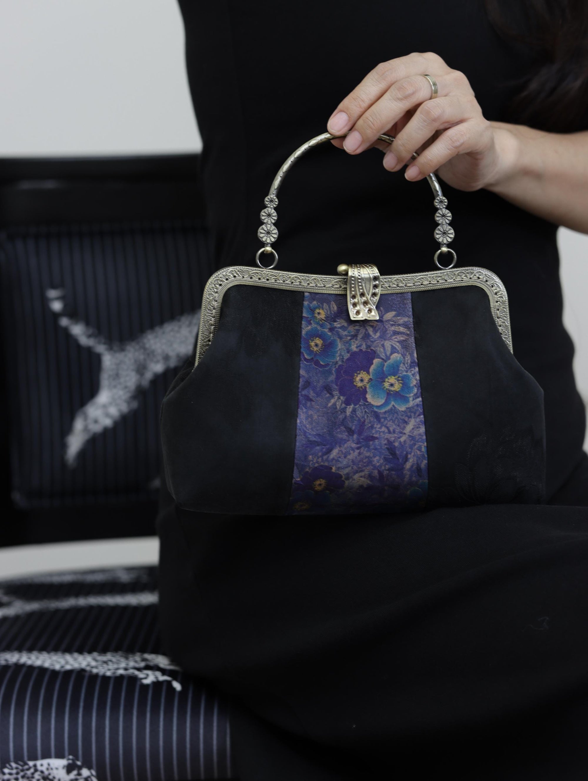 Premium Pure Silk Evening Clutch Bag in Blue and Black|Handmade Oriental Heritage Handbag with Vintage Brass Frame| Shoulder Crossbody Purse
