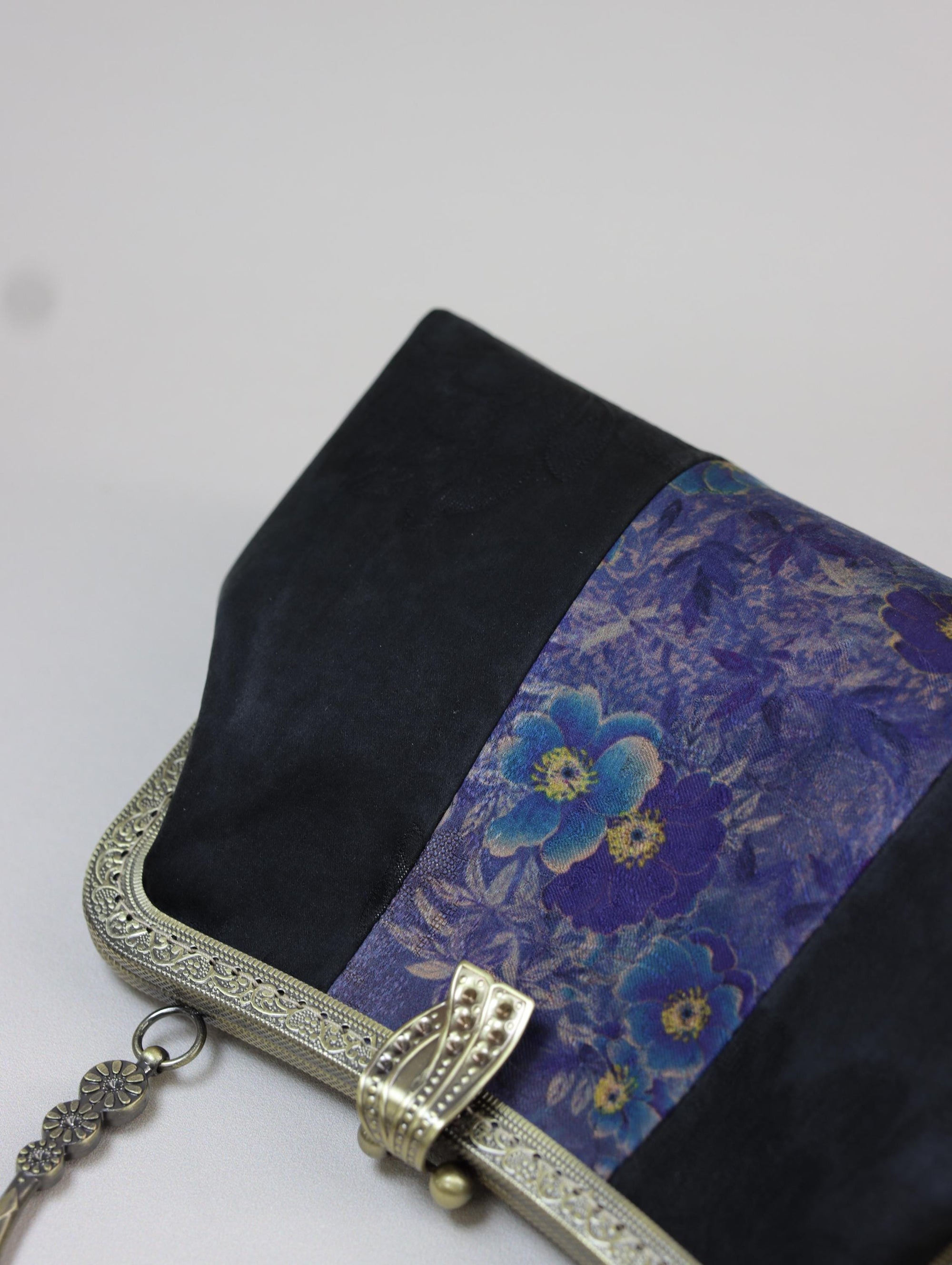 Premium Pure Silk Evening Clutch Bag in Blue and Black|Handmade Oriental Heritage Handbag with Vintage Brass Frame| Shoulder Crossbody Purse