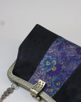 Premium Pure Silk Evening Clutch Bag in Blue and Black|Handmade Oriental Heritage Handbag with Vintage Brass Frame| Shoulder Crossbody Purse