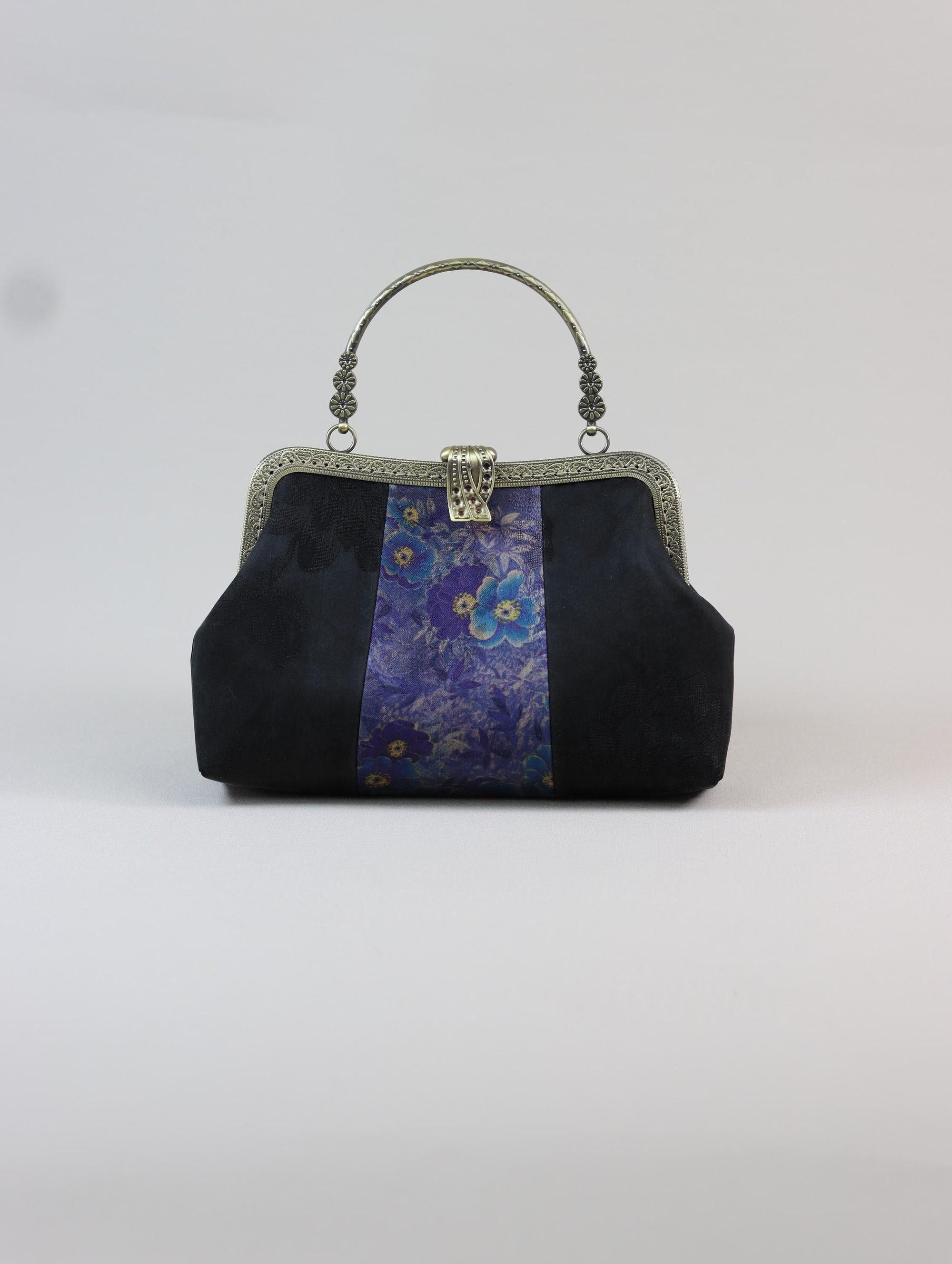 Premium Pure Silk Evening Clutch Bag in Blue and Black|Handmade Oriental Heritage Handbag with Vintage Brass Frame| Shoulder Crossbody Purse