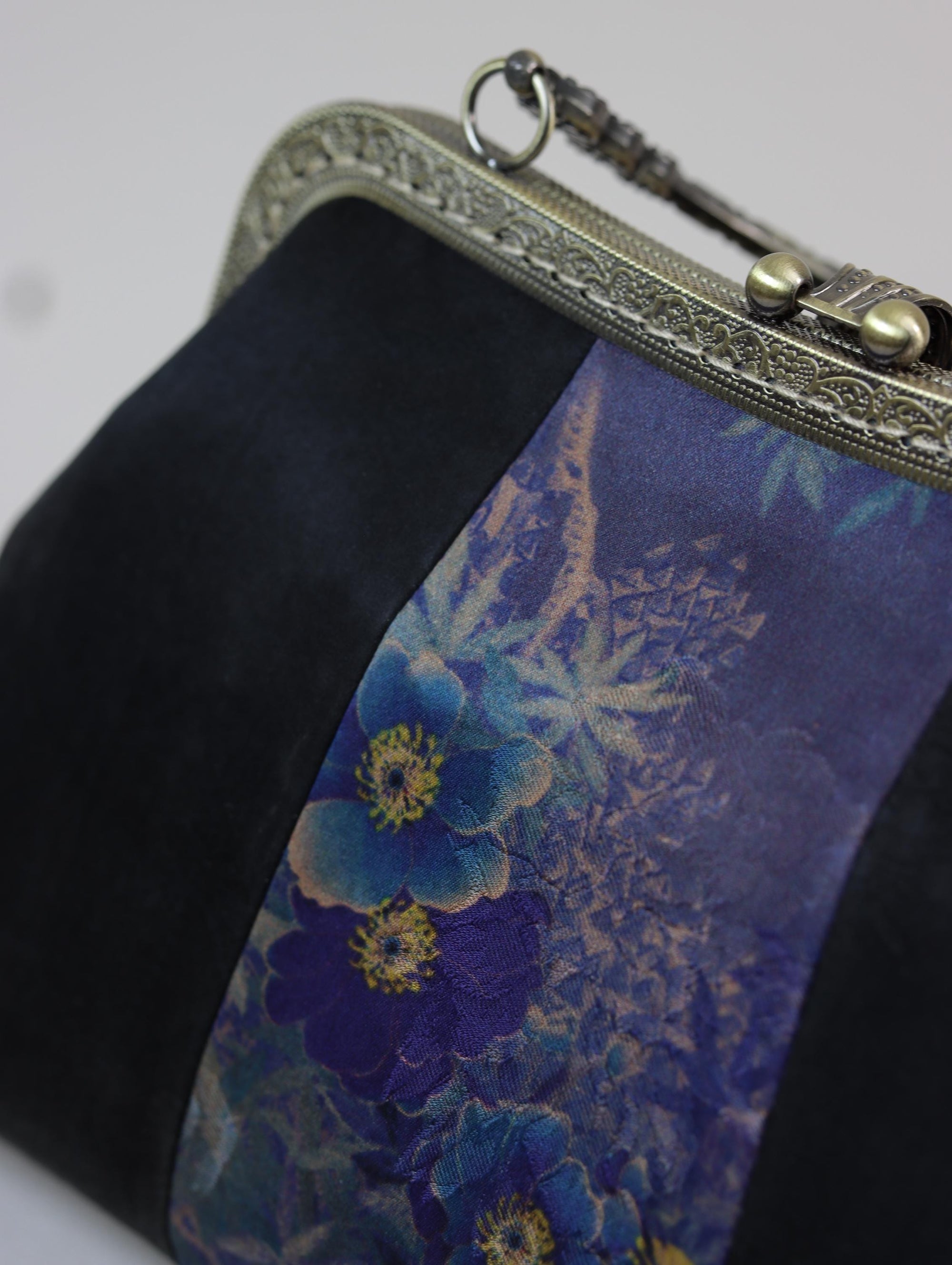 Premium Pure Silk Evening Clutch Bag in Blue and Black|Handmade Oriental Heritage Handbag with Vintage Brass Frame| Shoulder Crossbody Purse