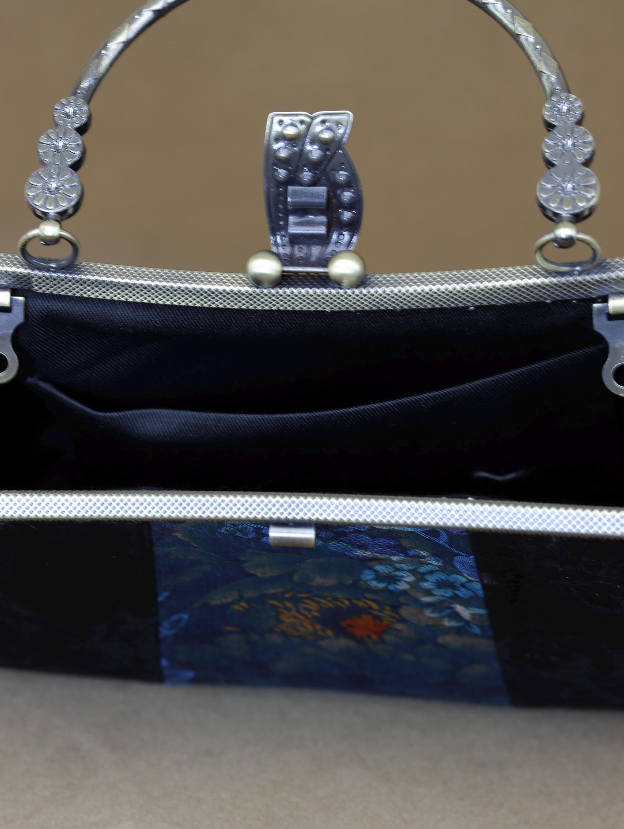 Premium Pure Silk Evening Clutch Bag in Blue and Black|Handmade Oriental Heritage Handbag with Vintage Brass Frame| Shoulder Crossbody Purse