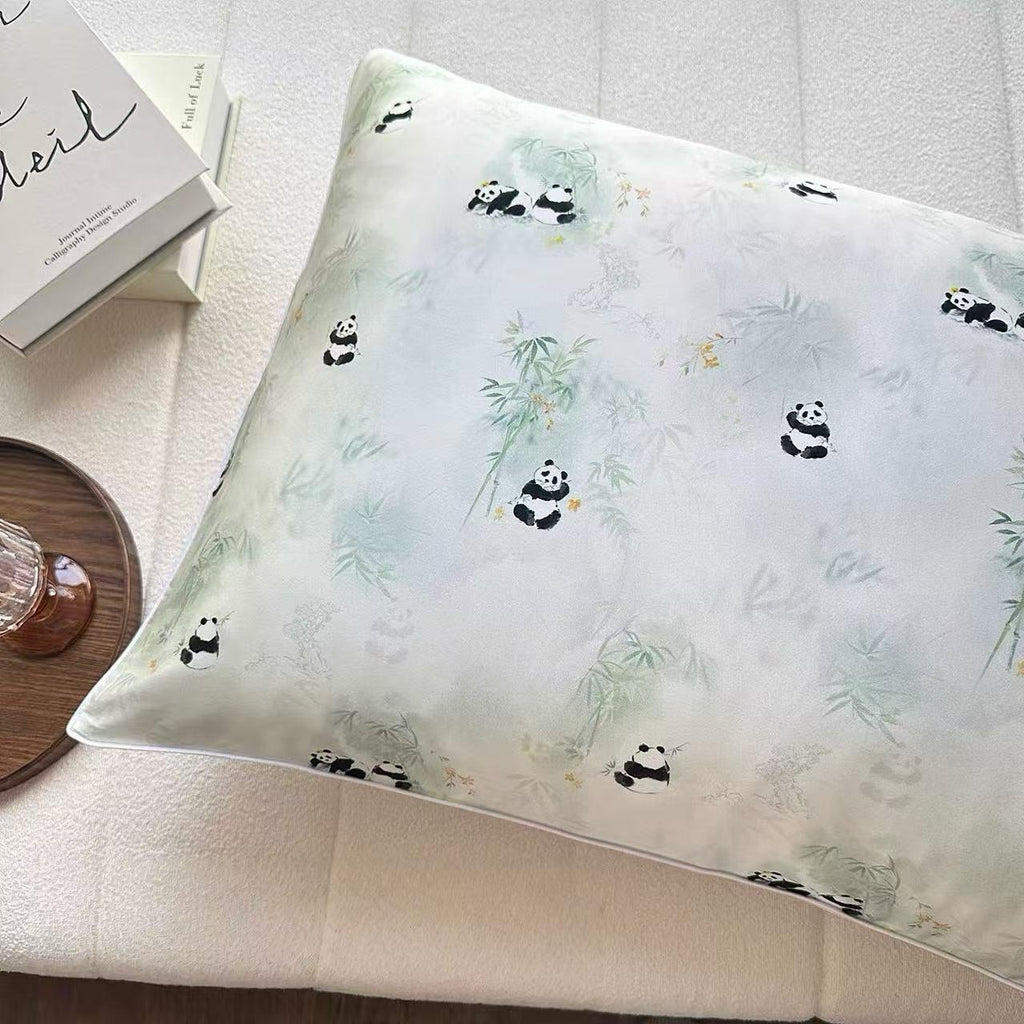 Panda Pattern 25 Momme Mulberry Silk Pillowcase with Matching Hair Scrunchies Set– Envelope Closure - Cultural Gift Idea