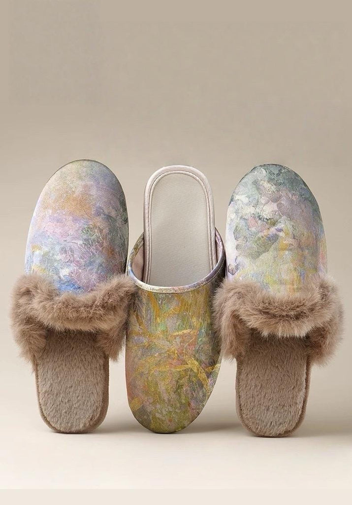 Watercolour Impression Silk Slippers | Fur & No-Fur Options | Indoor Soft Sole House Shoes | Anti-Slip | Winter Home Gift