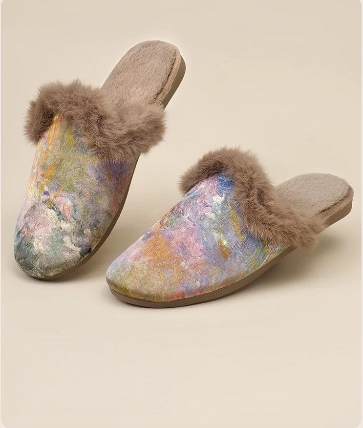 Watercolour Impression Silk Slippers  | Indoor Soft Sole House Shoes | Anti-Slip | Winter Home Gift