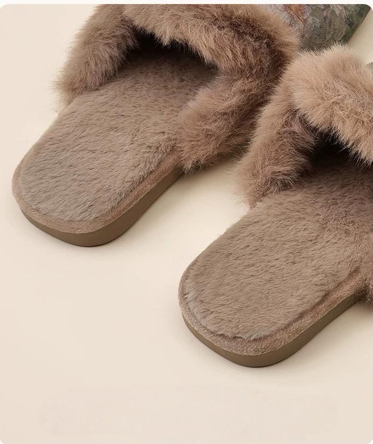 Watercolour Impression Silk Slippers | Indoor Fur-Lined House Shoes | Soft Sole & Anti-Slip | Unique Winter Gift for Christmas