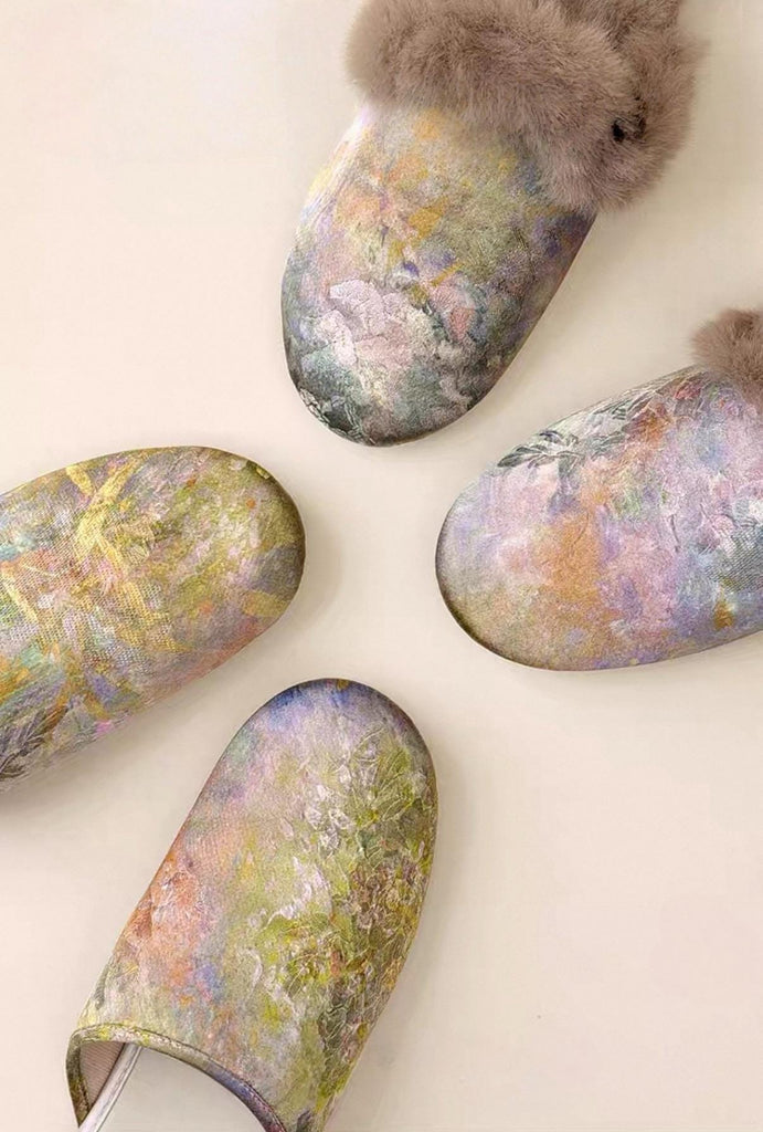Watercolour Impression Silk Slippers | Fur & No-Fur Options | Indoor Soft Sole House Shoes | Anti-Slip | Winter Home Gift