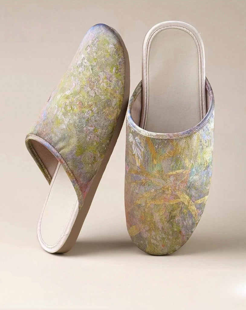 Watercolour Impression Silk Slippers | Fur & No-Fur Options | Indoor Soft Sole House Shoes | Anti-Slip | Winter Home Gift