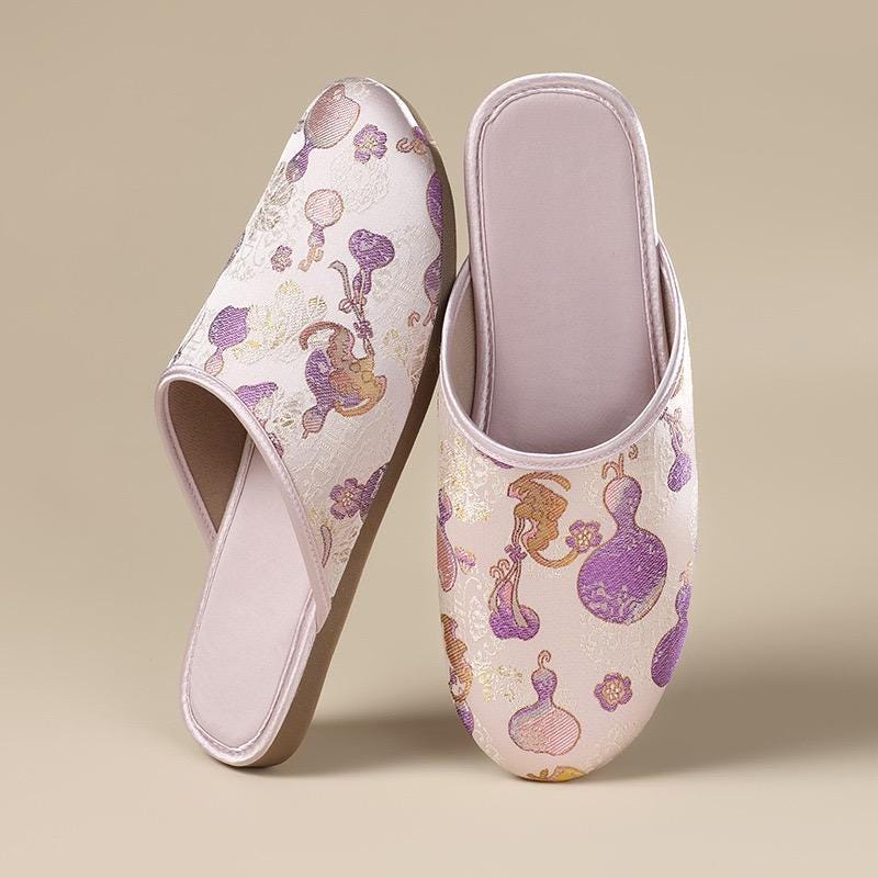 Oriental Silk Brocade Winter Slippers - Handmade Indoor Shoes