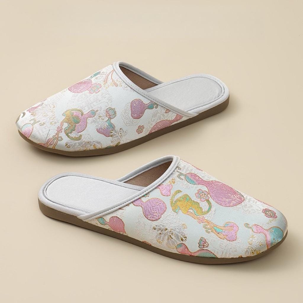 Oriental Silk Brocade Winter Slippers - Handmade Indoor Shoes