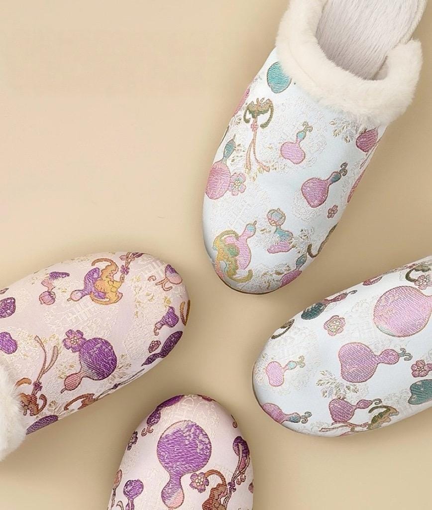 Oriental Silk Brocade Winter Slippers - Handmade Indoor Shoes