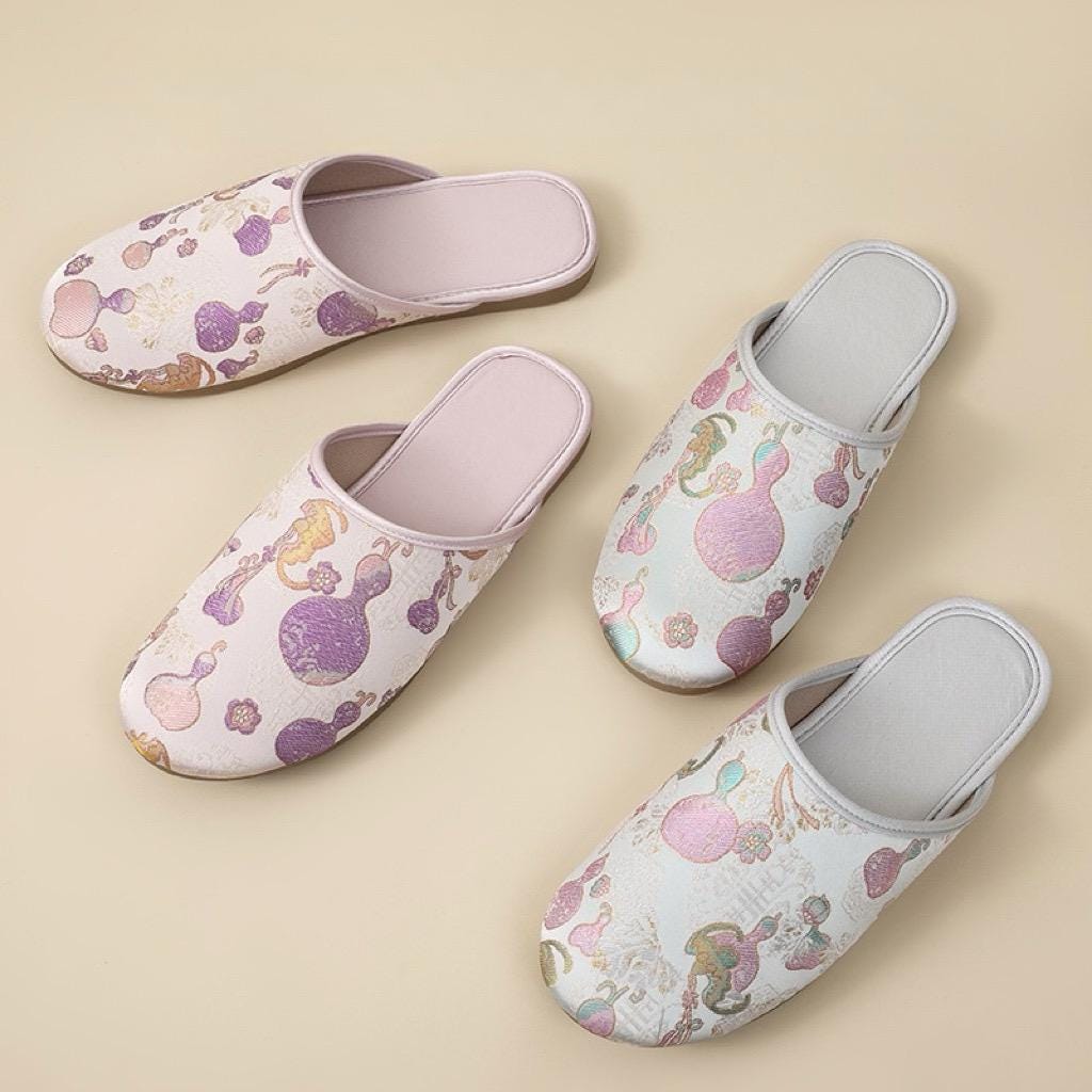 Oriental Silk Brocade Winter Slippers - Handmade Indoor Shoes