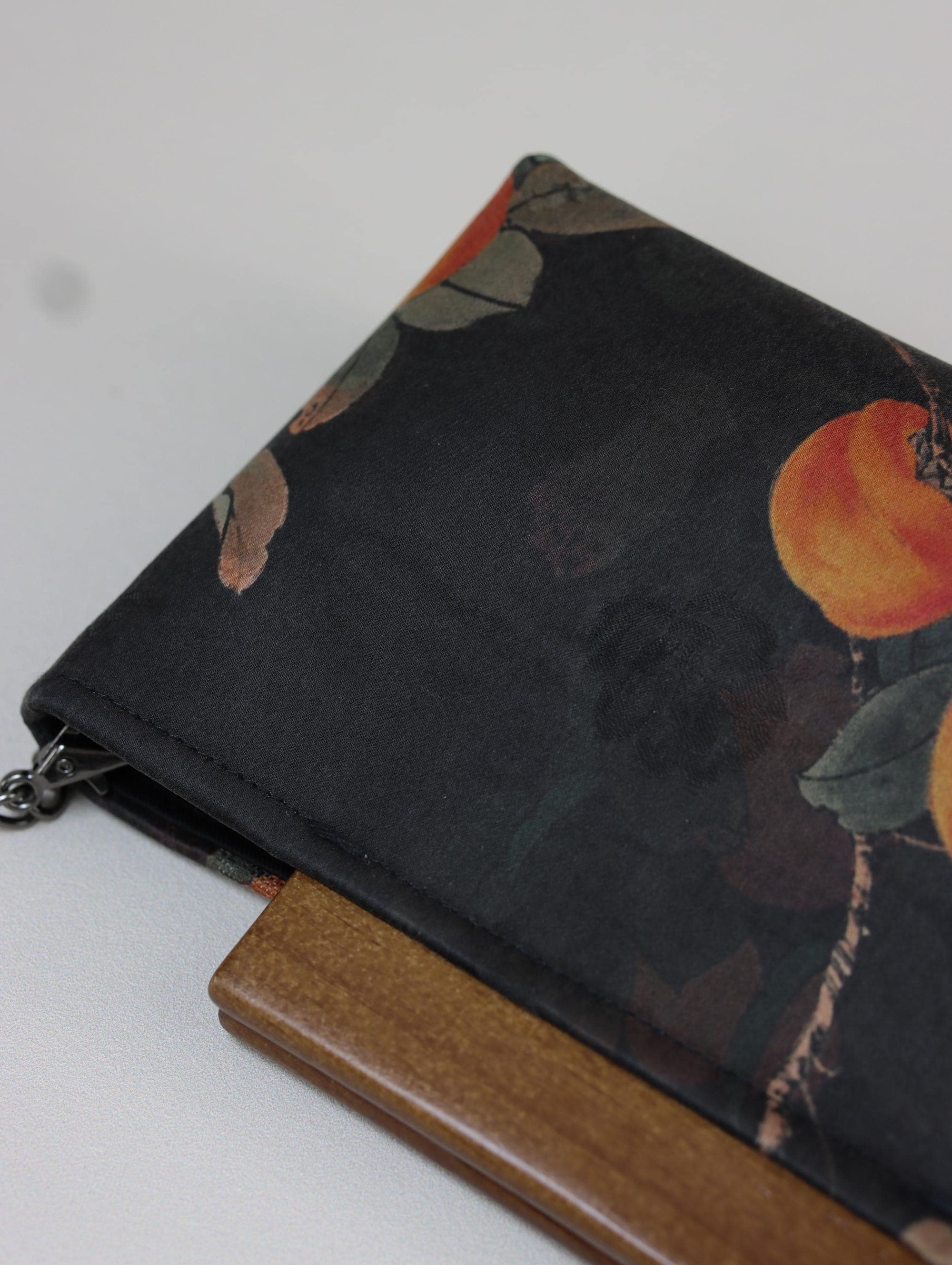 Handmade Silk Handbag with Wooden Clasp | Natural Dyed Xiangyun Silk Persimmon Print Crossbody | Oriental Heritage Evening Purse