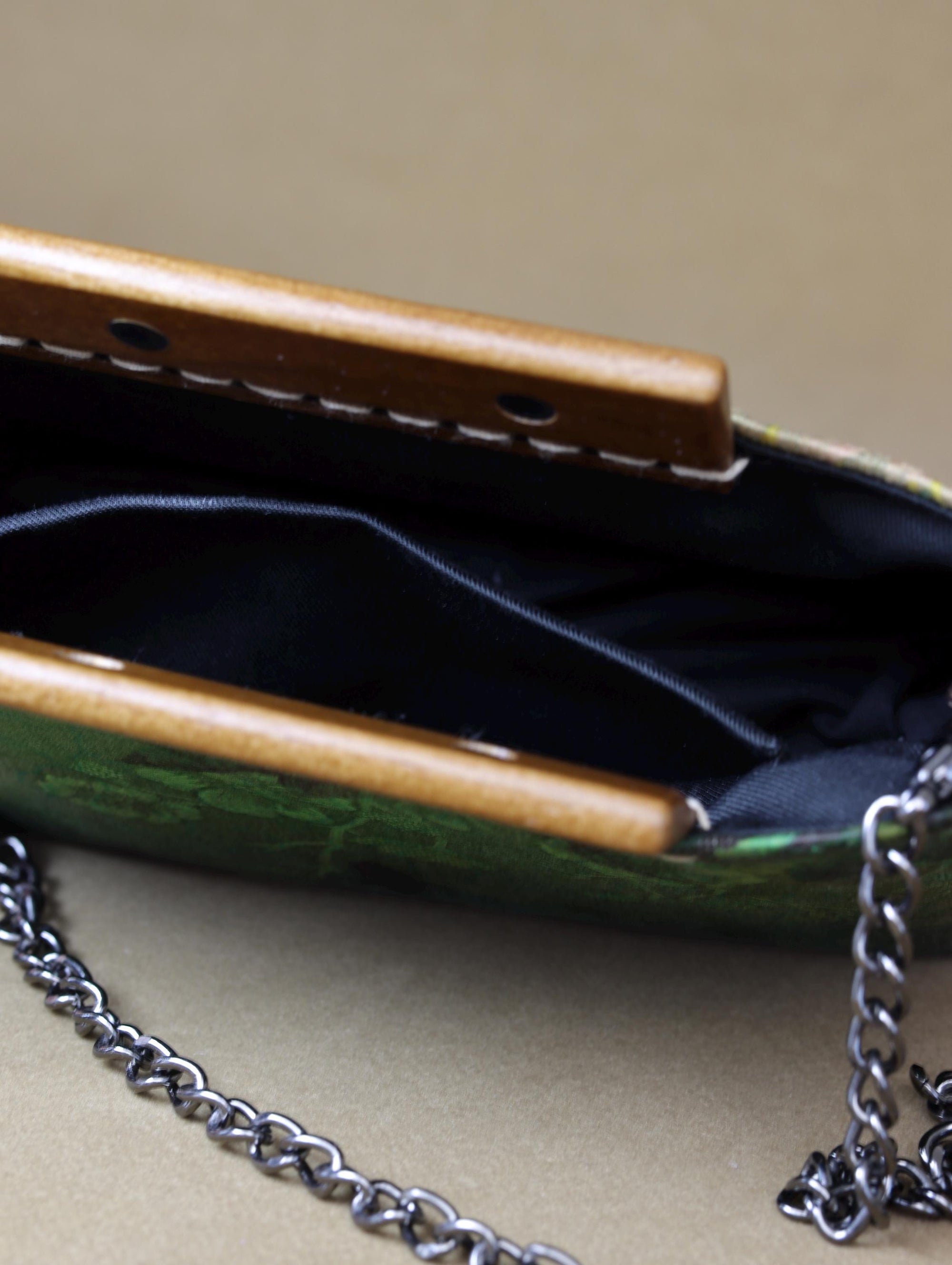 Handmade Silk Handbag with Wooden Clasp | Natural Dyed Xiangyun Silk Persimmon Print Crossbody | Oriental Heritage Evening Purse