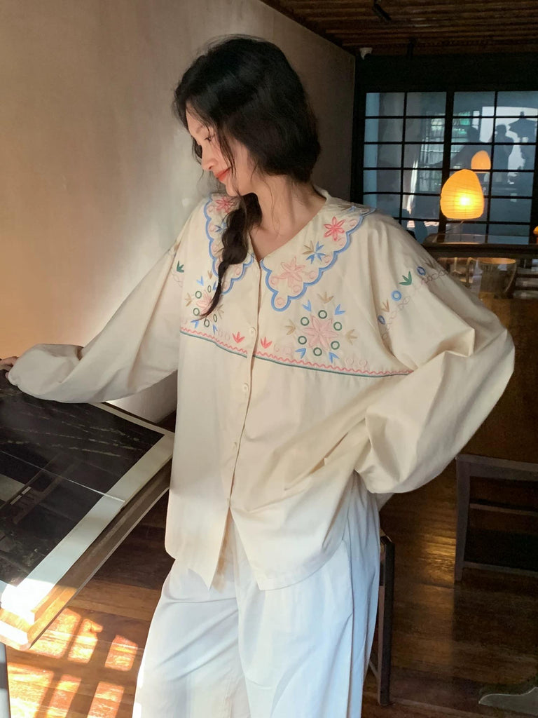 Organic Woven Cotton Loungewear Set | Embroidered Pajama Top & Pants | Soft Breathable Eco Gift for Her