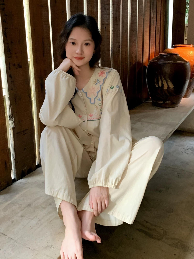 Organic Woven Cotton Loungewear Set | Embroidered Pajama Top & Pants | Soft Breathable Eco Gift for Her