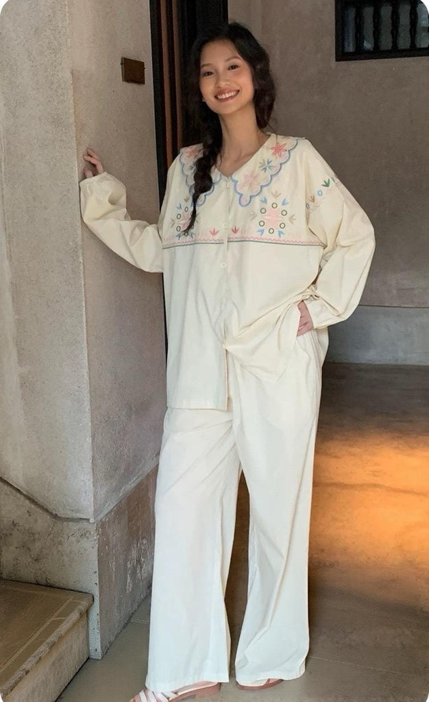 Organic Woven Cotton Loungewear Set | Embroidered Pajama Top & Pants | Soft Breathable Eco Gift for Her